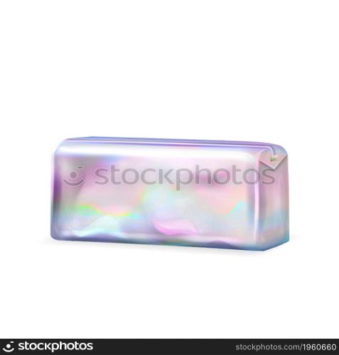 Holographic Blank Pencil Or Cosmetic Case Vector. Bright Holographic Multicolor Bag For Storaging And Carrying Cosmetology Or Stationery School Accessory. Template Realistic 3d Illustration. Holographic Blank Pencil Or Cosmetic Case Vector