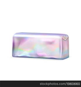 Holographic Blank Pencil Or Cosmetic Case Vector. Bright Holographic Multicolor Bag For Storaging And Carrying Cosmetology Or Stationery School Accessory. Template Realistic 3d Illustration. Holographic Blank Pencil Or Cosmetic Case Vector