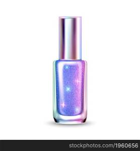 Holographic Color Nail Polish Blank Package Vector. Holographic Glittering Cosmetology Product Bottle For Making Stylish Manicure In Beauty Salon. Template Realistic 3d Illustration. Holographic Color Nail Polish Blank Package Vector