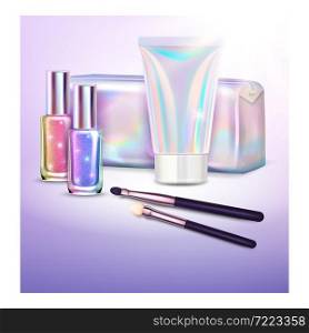 holographic cosmetics poster bag. beauty skincare holographic glitter. unicorn gloss product. 3d realistic vector. holographic cosmetics poster bag vector