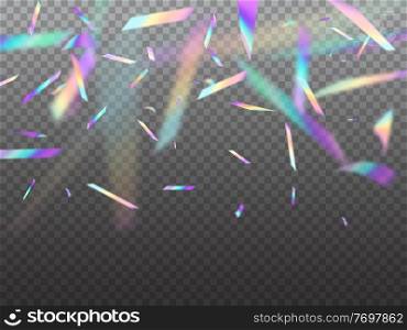 Holographic falling confetti glitters with bokeh light. Vector hologram iridescent foil fall from above isolated on transparent background. Rainbow festive tinsel with glare for holiday celebration. Holographic falling confetti glitters with bokeh