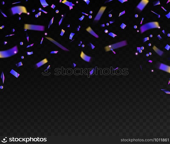 Holographic falling confetti. Realistic tinsel with iridescent texture, glitter foil hologram pieces, christmas banner vector festive effect kaleidoscope background. Holographic falling confetti. Realistic tinsel with iridescent texture, glitter foil hologram pieces, christmas banner vector background
