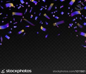 Holographic falling confetti. Realistic tinsel with iridescent texture, glitter foil hologram pieces, christmas banner vector festive effect kaleidoscope background. Holographic falling confetti. Realistic tinsel with iridescent texture, glitter foil hologram pieces, christmas banner vector background