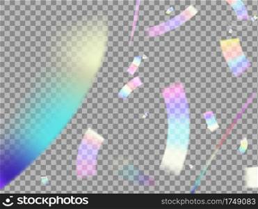 Holographic falling glitter. Colorful reflection, multicolor gradient template. Light glare effect on transparent background. Glowing iridescent curve stripes. Vector blur motion of confetti set. Holographic falling glitter. Colorful reflection, multicolor gradient template. Light glare effect on transparent background. Glowing iridescent stripes. Vector motion of confetti set