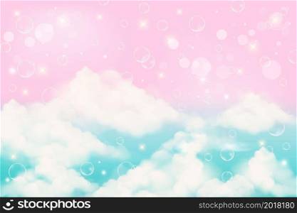 Holographic fantasy rainbow unicorn background with clouds and bubbles. Pastel color sky. Magical landscape, abstract fabulous pattern. Cute candy wallpaper. Vector. Holographic fantasy rainbow unicorn background with clouds and bubbles. Pastel color sky. Magical landscape, abstract fabulous pattern. Cute candy wallpaper. Vector.
