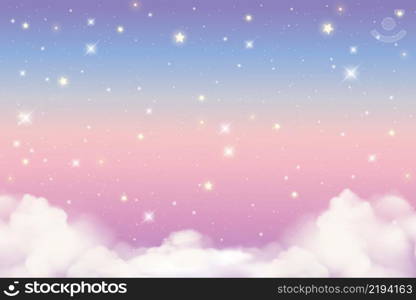 Holographic fantasy rainbow unicorn background with clouds and stars. Pastel color sky. Magical landscape, abstract fabulous pattern. Cute candy wallpaper. Vector.