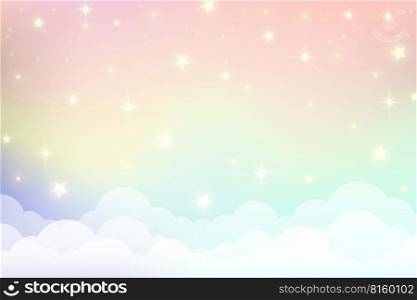 Holographic fantasy rainbow unicorn background with clouds and stars. Pastel color sky. Magical landscape, abstract fabulous pattern. Cute candy wallpaper. Vector. Holographic fantasy rainbow unicorn background with clouds and stars. Pastel color sky. Magical landscape, abstract fabulous pattern. Cute candy wallpaper. Vector.