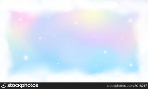 Holographic fantasy rainbow unicorn background with clouds. Pastel color sky. Magical landscape, abstract fabulous pattern and frame. Vector. Holographic fantasy rainbow unicorn background with clouds. Pastel color sky. Magical landscape, abstract fabulous pattern and frame. Vector.