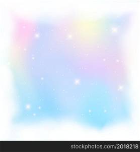 Holographic fantasy rainbow unicorn background with clouds. Pastel color sky. Magical landscape, abstract fabulous pattern and frame. Vector. Holographic fantasy rainbow unicorn background with clouds. Pastel color sky. Magical landscape, abstract fabulous pattern and frame. Vector.