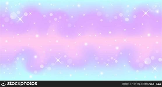 Holographic fantasy rainbow unicorn background with stars. Pastel color sky. Magical landscape, abstract fabulous pattern. Vector.