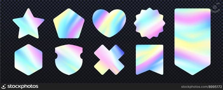 Holographic iridescent texture sticker or label, pearlescent rainbow or unicorn blur badge with soft pastel colors, vector st&with gradient ombre neon effect, shield, star shape price or sale tag. Holographic iridescent texture sticker or label,