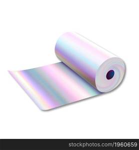 Holographic Metallic Foil Roll Accessory Vector. Holographic Multicolor Steel Sheet Scroll For Baking Pastry Dish Or Roasting Food. Aluminum Material Accessory Template Realistic 3d Illustration. Holographic Metallic Foil Roll Accessory Vector