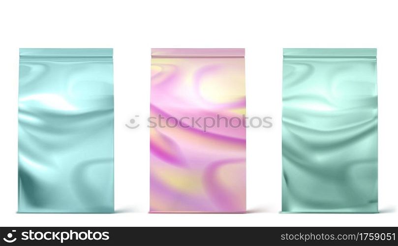 Holographic package, doy packs, pouch paper or foil bags front view. Hologram sachet with clip isolated on white background. Food or cosmetics product blank mock up. Realistic 3d vector illustration. Holographic package, doy packs, pouch foil bags