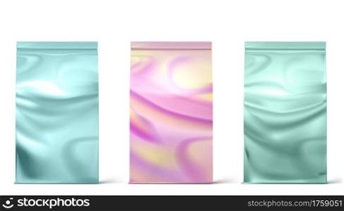 Holographic package, doy packs, pouch paper or foil bags front view. Hologram sachet with clip isolated on white background. Food or cosmetics product blank mock up. Realistic 3d vector illustration. Holographic package, doy packs, pouch foil bags