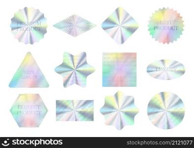 Holographic quality stickers, hologram seal labels, guarantee badges. Silver certificate seals in different shapes, quality sticker vector set. Realistic foil gradient elements isolated on white. Holographic quality stickers, hologram seal labels, guarantee badges. Silver certificate seals in different shapes, quality sticker vector set