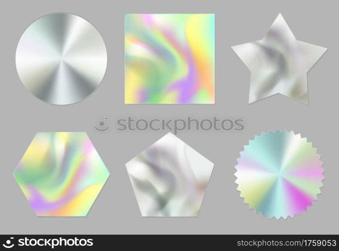 Holographic stickers, hologram labels of different shapes. Round, square, star, notched circle, pentahedron and hexahedron rainbow foil or silver blank shiny emblems, Realistic 3d vector patches set. Holographic stickers, hologram labels or emblems