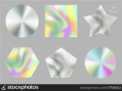 Holographic stickers, hologram labels of different shapes. Round, square, star, notched circle, pentahedron and hexahedron rainbow foil or silver blank shiny emblems, Realistic 3d vector patches set. Holographic stickers, hologram labels or emblems