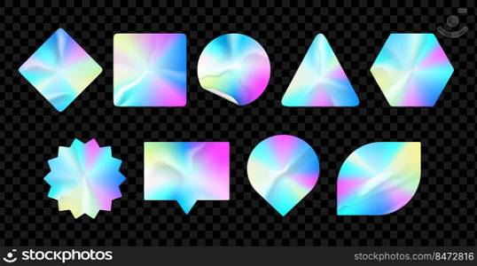 Holographic stickers. Realistic hologram labels , gradient sale neon shapes. Vector metal logo set iridescent sticker illustration isolated emblems. Holographic stickers. Realistic hologram labels , gradient sale neon shapes. Vector metal logo set