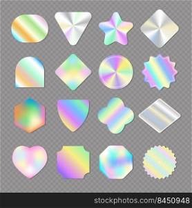 Holographic stickers. Retro shiny gradients stickers ads emblems and tags unicorn funny colors recent vector holographic st&s. Illustration of hologram iridescent sticker. Holographic stickers. Retro shiny gradients stickers ads emblems and tags unicorn funny colors recent vector holographic st&s