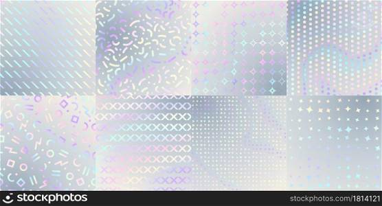 Holographic textures. Iridescent foil, hologram poster cover or print. Metallic rainbow, abstract art gradient glitter patterns vector set. Illustration texture iridescent, hologram background. Holographic textures. Iridescent foil, hologram poster cover or print. Metallic rainbow, abstract art gradient glitter patterns vector set