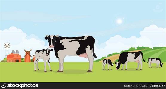 Holstein cow and calves in the meadow.Different poses on Rural landscape, vecter illustration.