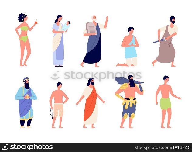 Holy bible characters. Legendary man, christian religion persons. Jesus christ, biblical newborn birth and spiritual king utter vector set. Bible character, christian and saint jesus illustration. Holy bible characters. Legendary man, christian religion persons. Jesus christ, biblical newborn birth and spiritual king utter vector set