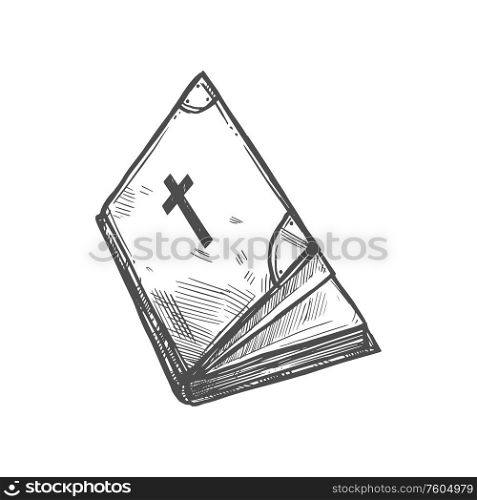 Holy Bible, gospel book icon, Christian religious symbol. Vector bible with Crucifix cross, Christianity Orthodox or Baptism and Catholic religion symbol. Christianity religion Holy bible, gospel book