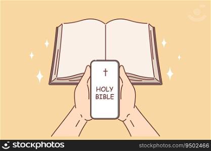 Holy bible in phone of religious person and near book symbolizing digital applications for christians and catholics. Praying hands with holy bible online for reading prayers and learning commandments. Holy bible in phone religious person and near book symbolizing digital applications for christians
