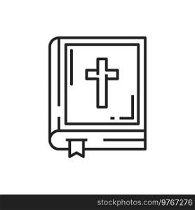 Holy bible isolated outline icon. Vector sacred text or scriptures, closed christian book line art. Vector biblical inscription, gutenberg Bible with cross. Product of divine inspiration, psalm book. Bible sacred text book with cross scriptures icon