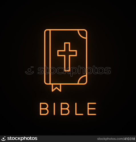 Holy Bible neon light icon. Glowing sign. Vector isolated illustration. Holy Bible neon light icon