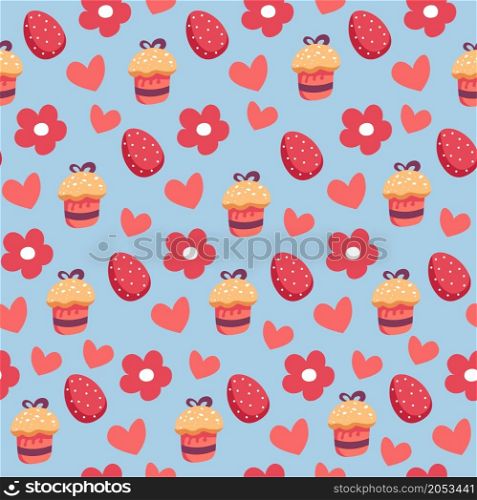 Holy bread, baked paska cake with frosting and boiled colored eggs. Springtime holiday preparation and celebration for orthodox religion. Seamless pattern, background or print. Vector in flat style. Easter spring holiday seamless pattern with cakes