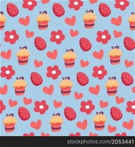 Holy bread, baked paska cake with frosting and boiled colored eggs. Springtime holiday preparation and celebration for orthodox religion. Seamless pattern, background or print. Vector in flat style. Easter spring holiday seamless pattern with cakes