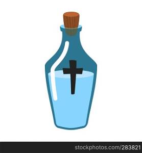 Holy water bottle. Glass flask with magic liquid. Magical potion