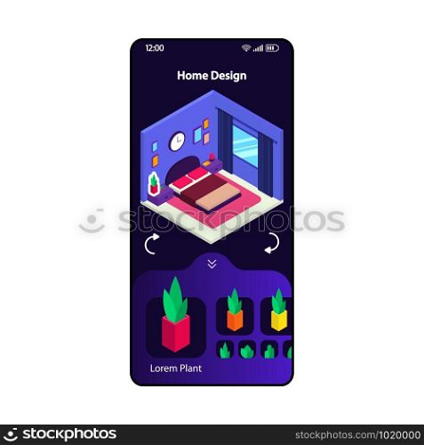 Home 3d design app smartphone interface vector template. Mobile page modern layout. Interior design software screen. Room decorating and house planning widget. Flat UI for application. Phone display