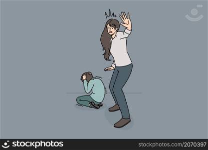 Home abuse and harassment concept. Stressed afraid terrified woman mother standing and asking stop violence with sitting and covering ears kid on floor vector illustration . Home abuse and harassment concept.
