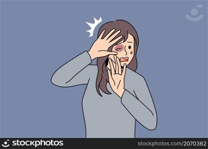 Home abuse and harassment concept. Young afraid scared terrified woman standing covering face with bruise with hands ready for next push vector illustration . Home abuse and harassment concept.