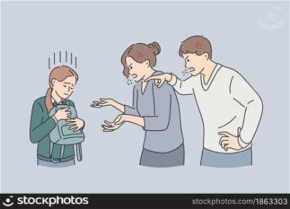 Home abuse and scandal concept. Furious angry parents mom and dad shouting screaming at their sad daughter holding backpack vector illustration . Home abuse and scandal concept