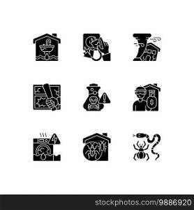 Home accidents prevention black glyph icons set on white space. Water damage. Electric shock. Hurricane. Chemical poisoning. Vandalism. Burglary. Silhouette symbols. Vector isolated illustration. Home accidents prevention black glyph icons set on white space