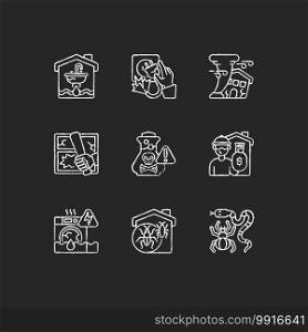 Home accidents prevention chalk white icons set on black background. Water damage. Electric shock. Hurricane. Chemical poisoning. Vandalism. Burglary. Isolated vector chalkboard illustrations. Home accidents prevention chalk white icons set on black background