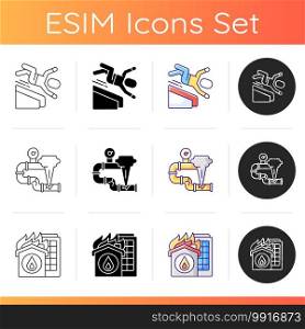 Home accidents prevention icons set. Falling from height. Damaged gas pipe. Flammable materials. Gas leak. Home fire. Fall risks. Linear, black and RGB color styles. Isolated vector illustrations. Home accidents prevention icons set