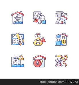 Home accidents prevention RGB color icons set. Water damage. Electric shock. Hurricane. Chemical poisoning. Vandalism. Burglary and robbery. Appliance breakdown. Isolated vector illustrations. Home accidents prevention RGB color icons set