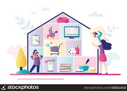 Home activities, entertainments and works. Family at home. House silhouette with rooms, people and household items. Self isolation or quarantine. Trendy style vector illustration