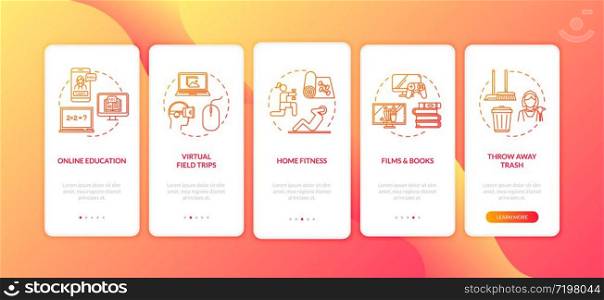 Home activity, leisure and e-learning onboarding mobile app page screen with concepts. Chores and rest walkthrough 5 steps graphic instructions. UI vector template with RGB color illustrations