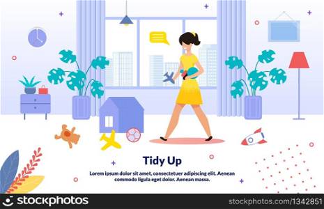 Home and Apartment Cleaning, Commercial Babysitter Service Trendy Vector Advertising Banner, Promo Poster Template. Woman, Mother Collecting Children Toys Scattered on Apartment Floor Illustration