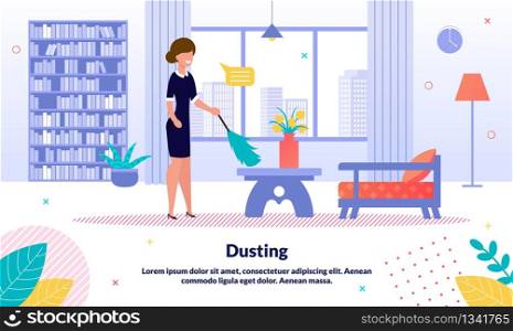 Home and Apartment Commercial Cleaning Company, Hotel Room Attendant Service Trendy Vector Ad Banner, Promo Poster Template. Woman, Hotel Attendant, Home Servant Dusting with Duster Broom Illustration