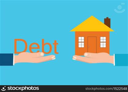 Home and debt font sitting on hand,debt concept cartoon flat design.