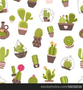 Home and garden cactus plants with flowers seamless pattern vector illustration. Cactus Seamless Pattern