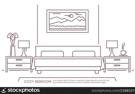 Home and hotel bedroom interior with comfortable furniture outline vector illustration. Bedroom Furniture Outline