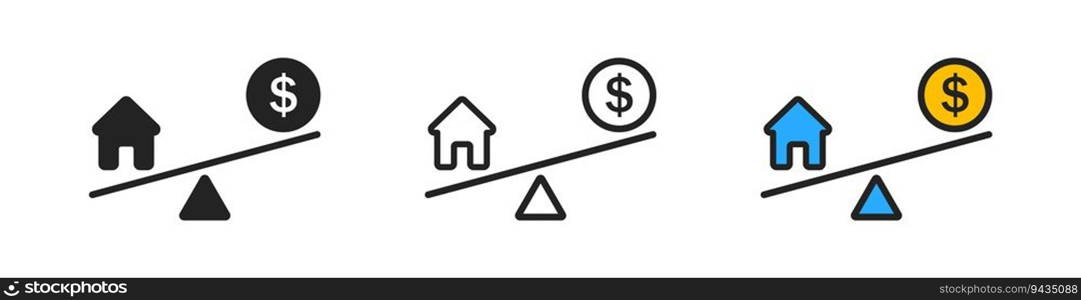 Home and money icon on white background. Imbalance between family and business. Choice between home and work symbol. Coin, dollar, house signs. Balance of life. Flat design. Vector illustration. 
