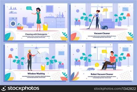 Home and Office Cleaning Service Jobs, Detergents, Robot Vacuum Cleaner Trendy Flat Vector Banners Set. Workers Vacuuming Floor, Washing Window, Satisfied with Cleaning Housewife and Man Illustration